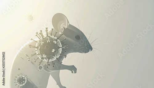 Red virus particle with bright glow on white background with copy space
