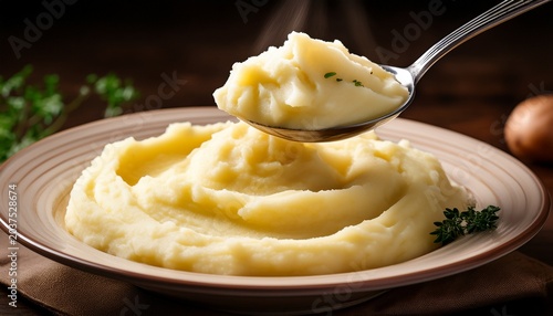 a spoon lifting creamy mashed potatoes from a bowl