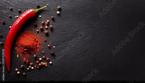 chili pepper on a black background with spices on a slate plate top view with copy space restaurant banner flyer advertising wallpaper