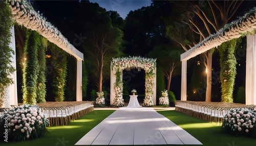 a wedding ceremony unfolds amidst a backdrop of lush greenery and blooming bouquets creating a picturesque scene for an outdoor garden celebration