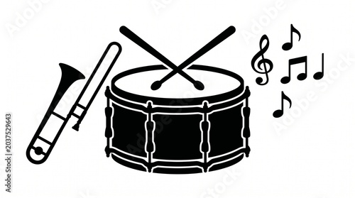 Juneteenth musical celebration icon with black silhouette of a festival parade drum crossed drumsticks trombone and floating music notes isolated on white background