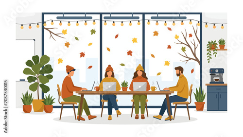 Cuadro en lienzo Cozy Autumn Workspace: Four individuals in warm attire are engrossed in their laptops at a long table, surrounded by autumnal decorations and lush indoor plants