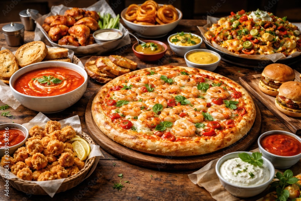 Fototapeta premium Full spread of savory snacks such as shrimp pizza and tomato soup on a wooden surface in a food establishment
