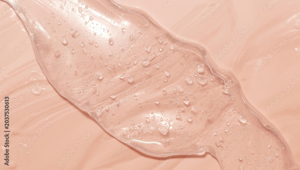 Obraz premium Clear serum gel texture with dispersed oil droplets against smooth cosmetic product background