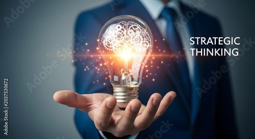 Man's hand holding light bulb with brain gears inside