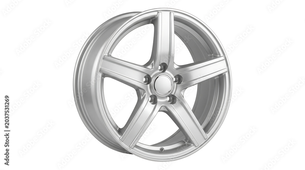Obraz premium Close up of a silver alloy car wheel with five spokes and a central hub cap, isolated on a white background