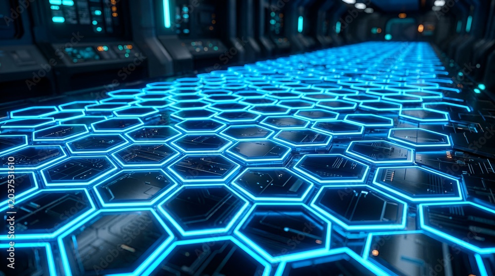 Naklejka premium Futuristic Sci-Fi Corridor with Glowing Blue Hexagons and Digital Data Flow