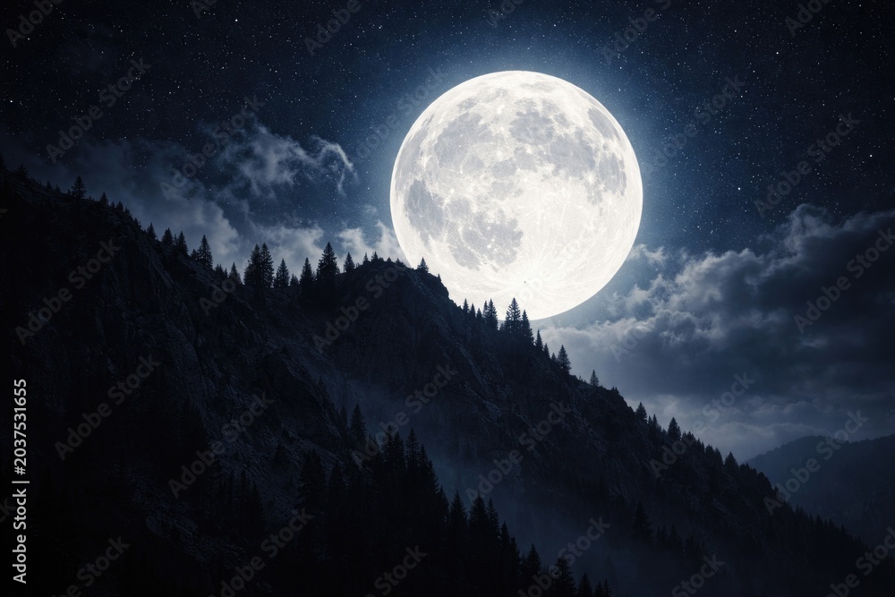 Fototapeta premium Full moon shining above a high elevation ridge