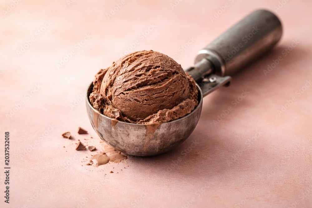 Φωτογραφία Metal scoop filled with chocolate ice cream placed on a gentle pastel colored ba
