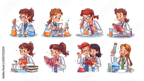 Photos Young Female Scientists Collection: A set of charming illustrations depicts young girls in lab coats engaging in scientific experiments and research