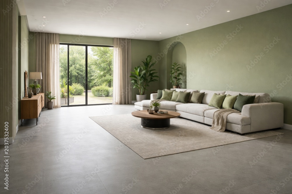 Fototapeta premium Spacious living room in green hues with smooth grey floor and room for sofa plus copy space