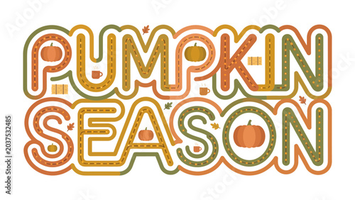 Foto Pumpkin Season Typography: Vibrant, stylized text declares PUMPKIN SEASON with festive autumn colors and small pumpkin accents, evoking the spirit of fall and harvest celebrations
