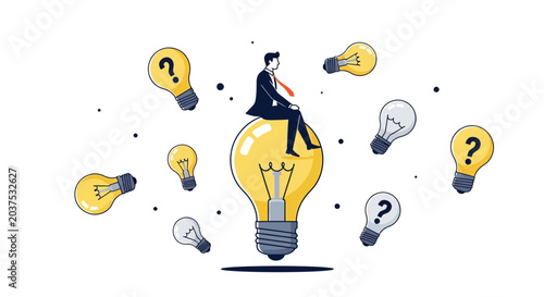 Bild auf Leinwand Businessman Sitting on a Giant Lightbulb Surrounded by Ideas and Questions