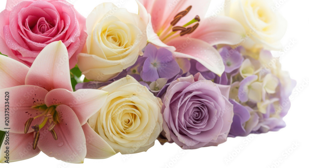 Fototapeta premium Mixed bouquet of roses and lilies isolated on black background