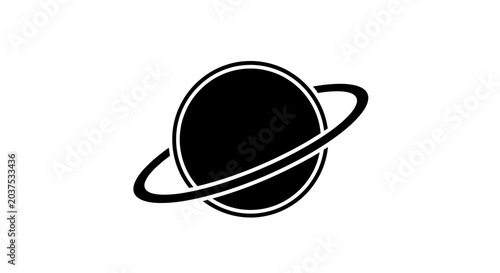Minimalist black vector icon of a ringed planet. Generic celestial body graphic for space, astronomy, science, and cosmos designs.