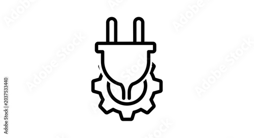 Electrical Engineering and Power Settings Icon. Outline graphic of a plug and gear symbolizing technological solutions and system development.