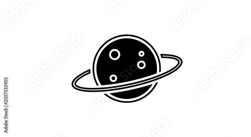 Stylized ringed planet icon with craters on a white background, symbolizing space, astronomy, universe, and science exploration.