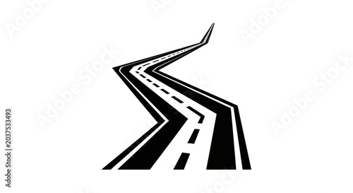 Stylized winding road graphic element, black and white abstract path showing journey, travel, direction, and future concept