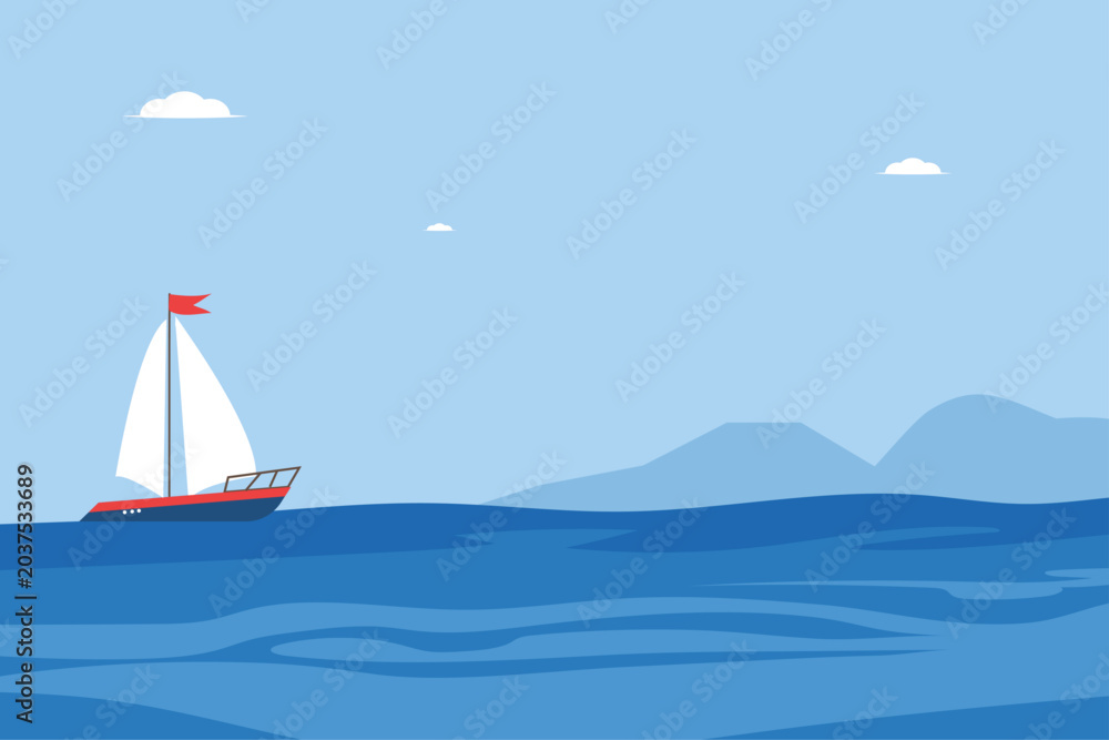 Naklejka premium Minimal sailboat illustration on calm ocean with blue mountains and peaceful marine background