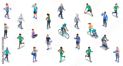 Billede på lærred Isometric people exercising and working out | Diverse multiracial citizens train
