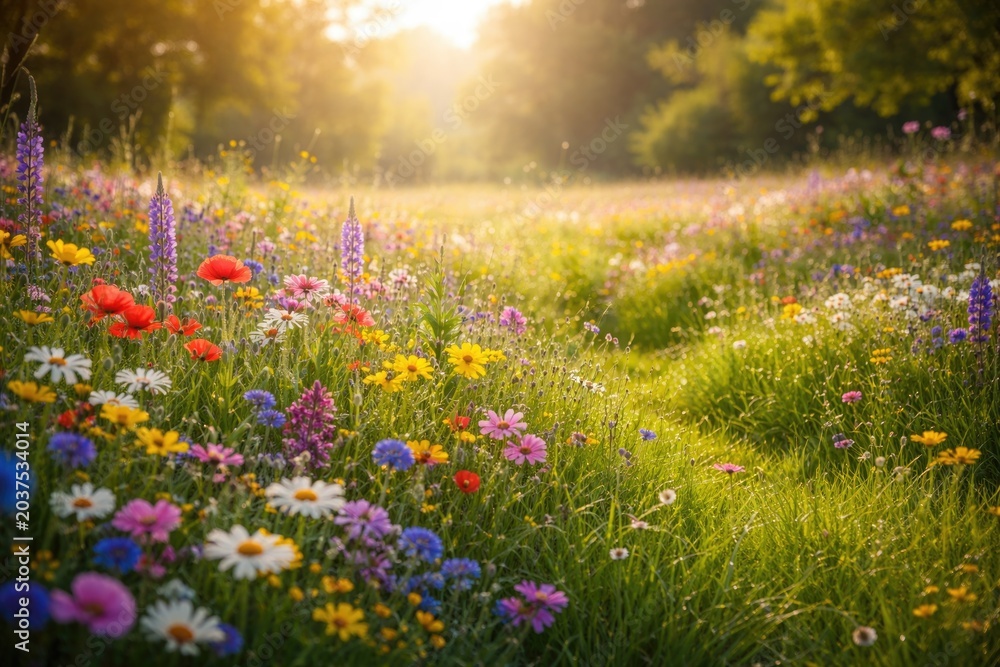 Naklejka premium Radiant spring meadow adorned with multicolored flowers and green grass