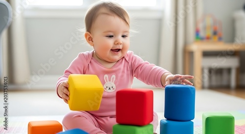 Joyful infant stacking colorful building blocks in a bright nursery