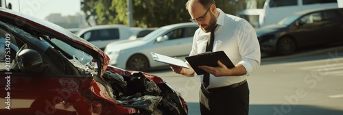 Insurance agent taking notes on clipboard while evaluating a damaged car after an accident on a city street, assessing the extent of the damage for insurance claim purposes