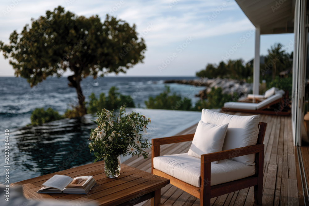 Fototapeta premium This stunning image captures a tranquil coastal setting featuring an infinity pool, wooden deck, and vibrant greenery, perfect for a serene getaway or relaxation.