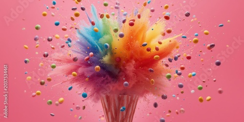 Animated sweet treats exploding with multicolor skittle inspired hues