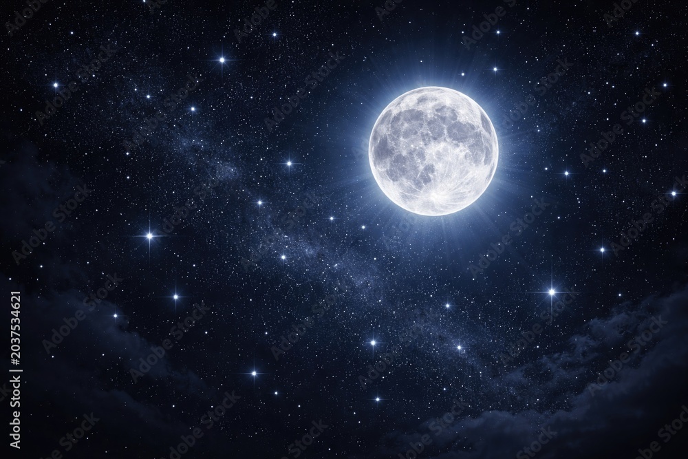 Fototapeta premium Shining moon and sparkling stars glowing vividly against a dark night sky