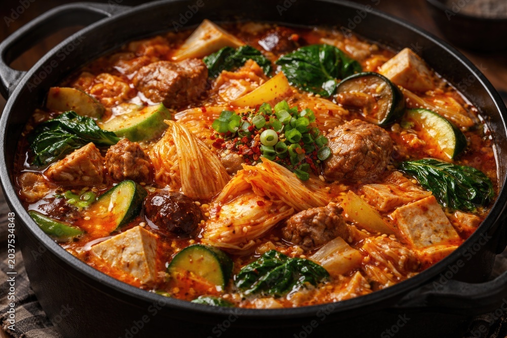 Fototapeta premium Savory kimchi stew blended with healthy vegetables and chunks of meat in a black pot