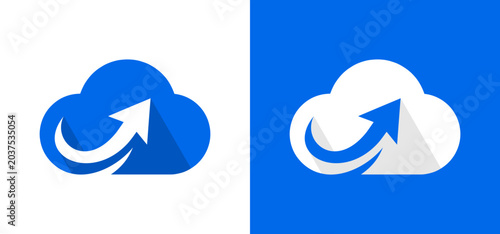 Vector displays a blue and white cloud icon with an upload arrow shape in a digital software interface logo design style. Suitable for technology websites or cloud service companies.