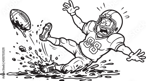 Φωτογραφία American Football Player Slipping in Mud Cartoon Sports Vector