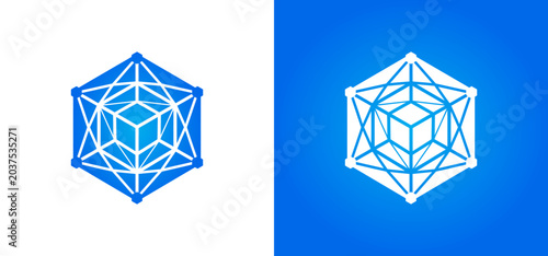 Complex geometric abstract pattern of blue and white cube shapes with interconnected lines and symmetrical nodes, perfect for modern design projects.