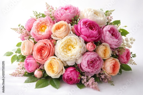 Colorful peonies and roses bouquet on smooth white backdrop