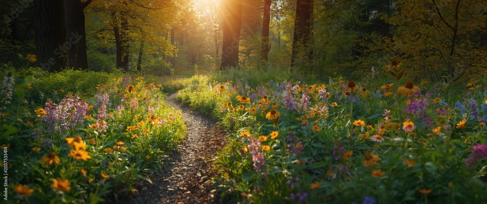 Obraz premium Bright floral trail in a tranquil forest under warm sunlight capturing nature's vivid beauty