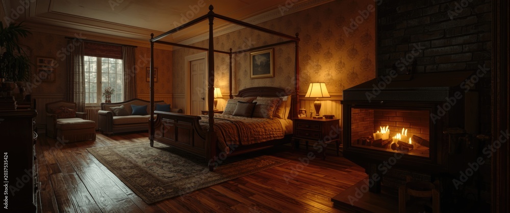 Naklejka premium Bedroom with a warm atmosphere, hardwood flooring, inviting bed frame, sofa corner, and fireplace glow