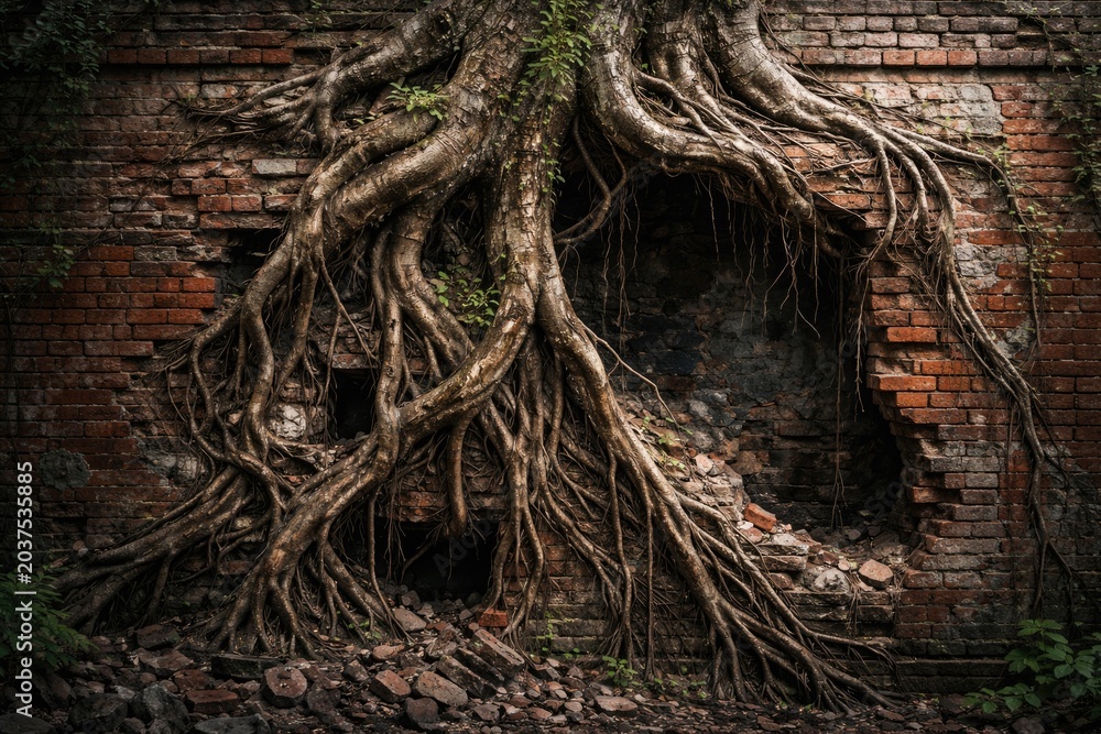 Obraz premium Three dimensional illustration of a broken brick facade with tree roots emerging