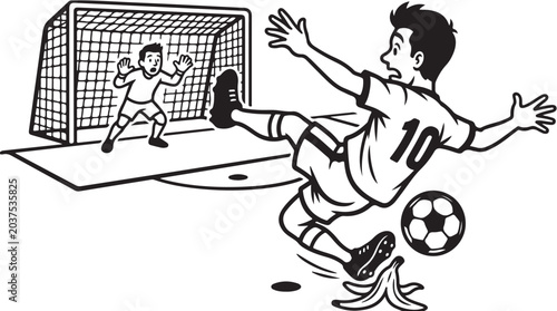 Foto Football Player Slipping on Banana Peel Funny Goal Attempt Illustration