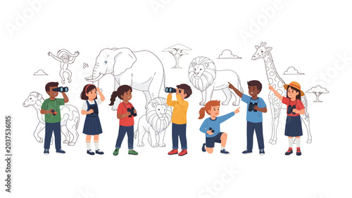 Canvas Print Safari Adventure for Kids: A group of excited children explore a safari, observing majestic animals like elephants, lions, and giraffes