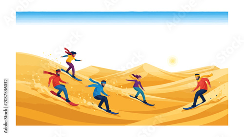 Foto Sandboarding Adventure in the Desert: A group of adventurers navigates the steep sandy dunes on sandboards, showcasing the thrill and excitement of desert sports under a clear blue sky and warm sun