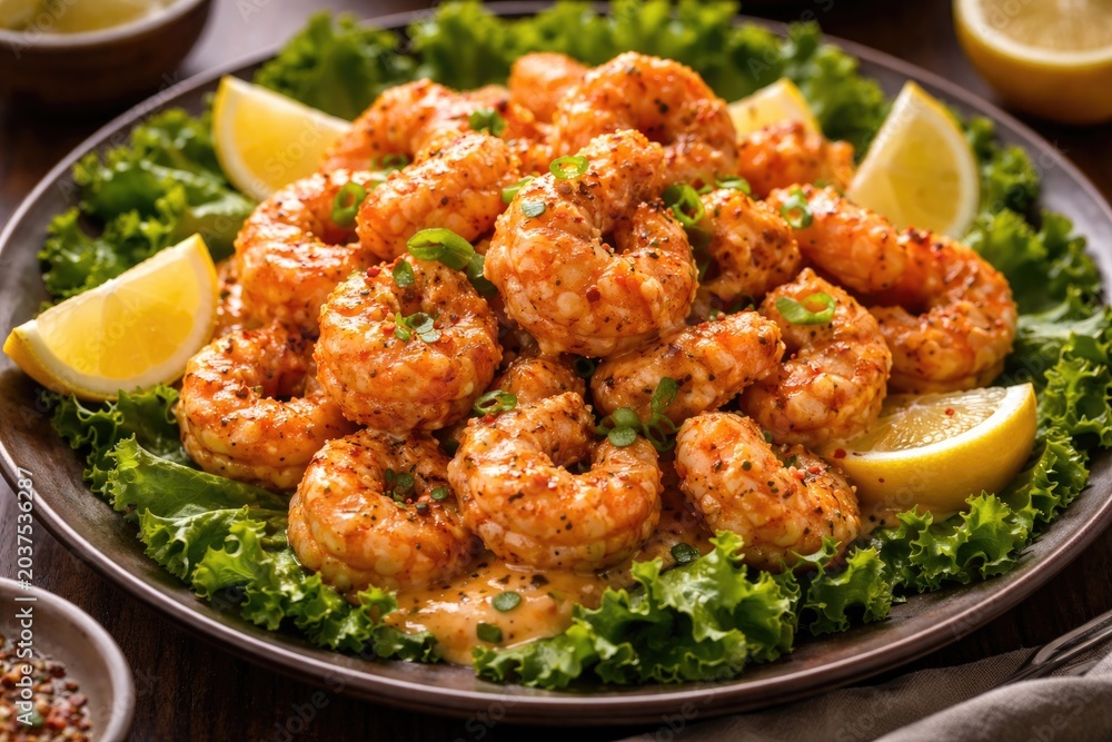 Obraz premium Savory Bang Bang Shrimp Appetizer with Smooth Sauce on Leafy Lettuce and Lemon