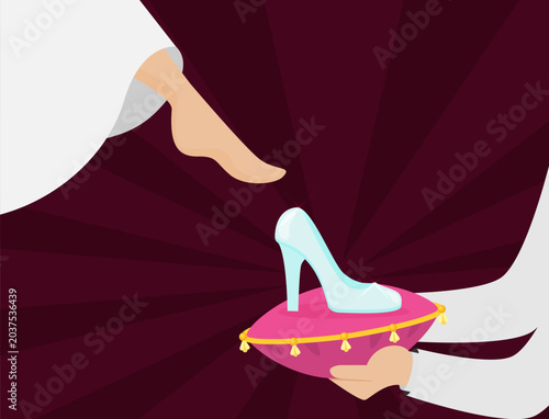 Cinderella tries on the glass slipper vector flat