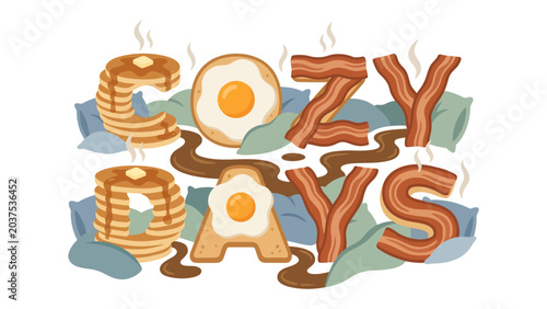 Bild auf Leinwand Cozy Breakfast Typography: A whimsical typographic illustration spells out COZY DAYS using delicious breakfast elements like pancakes, fried eggs, and bacon, arranged amongst soft pillows