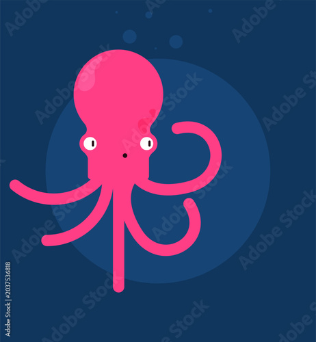 Pink octopus, sea creature in flat design. character vector illustration.