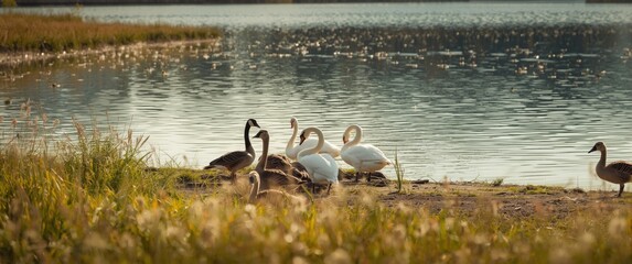 Blurred motion portraying geese and swans resting near the lakeshore for feeding