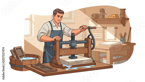 Fotografi Traditional Paper Making: A skilled craftsman meticulously operates a wooden press, immersing himself in the age-old art of handmade paper production, a testament to artisanal dedication