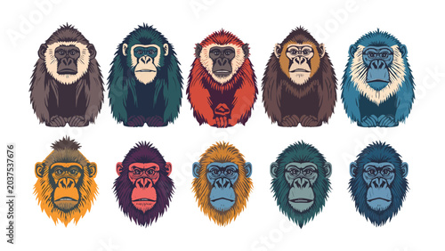 Obraz na plátně Gorilla Family Portrait: A vibrant collection of stylized gorilla portraits, showcasing a variety of colors, expressions, and patterns, representing the diverse beauty of these magnificent primates