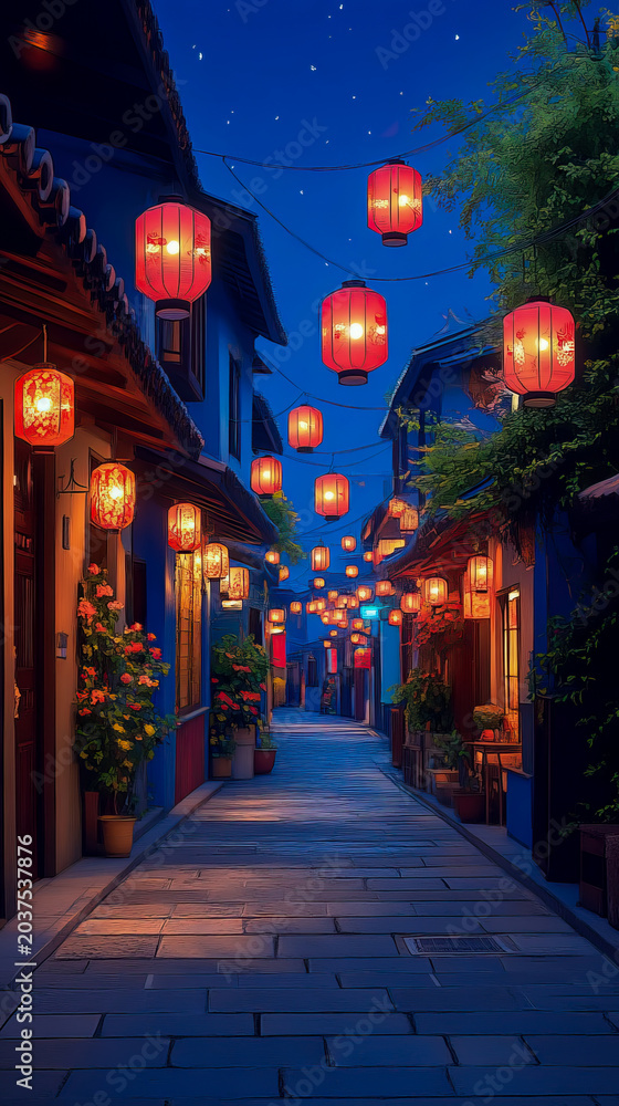 Fototapeta premium Enchanting Traditional Japanese Street Scene at Dusk Featuring Vibrant Glowing Red Lanterns Hanging Over Quiet Cobblestone Alley Under Starry Night Sky