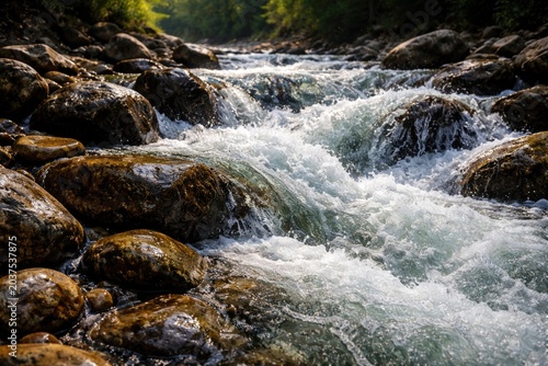 Rapid current moving energetically through shiny stones in a mountain stream with copy space